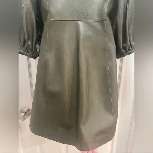 GANNI Leather Olive Green Meranti Puffed
Sleeve Dress Goddess - Size 38 EU/ 8 US - Picture 10 of 14